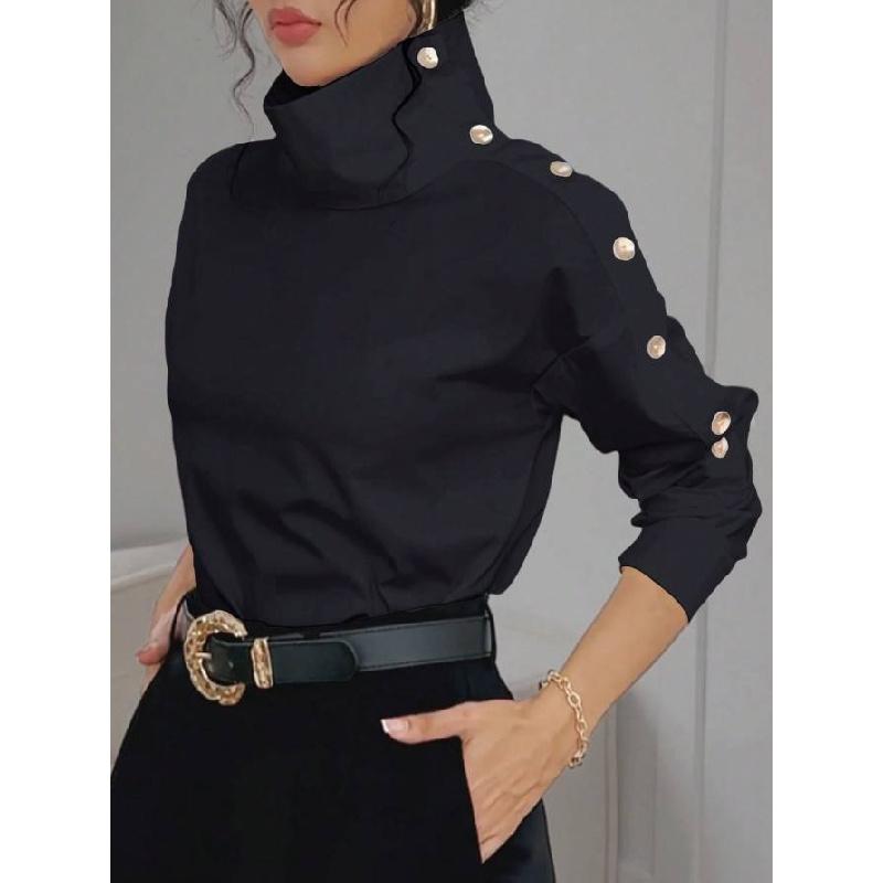 2026 New Elegant High Collar Metal Buckle Off-Shoulder Shirt Top for Women