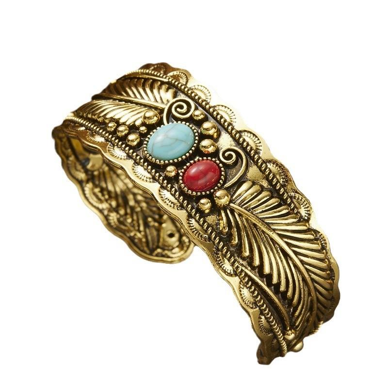 Style Oval Turquoise Bracelet With Vintage Two Tone Leaf Design For Women