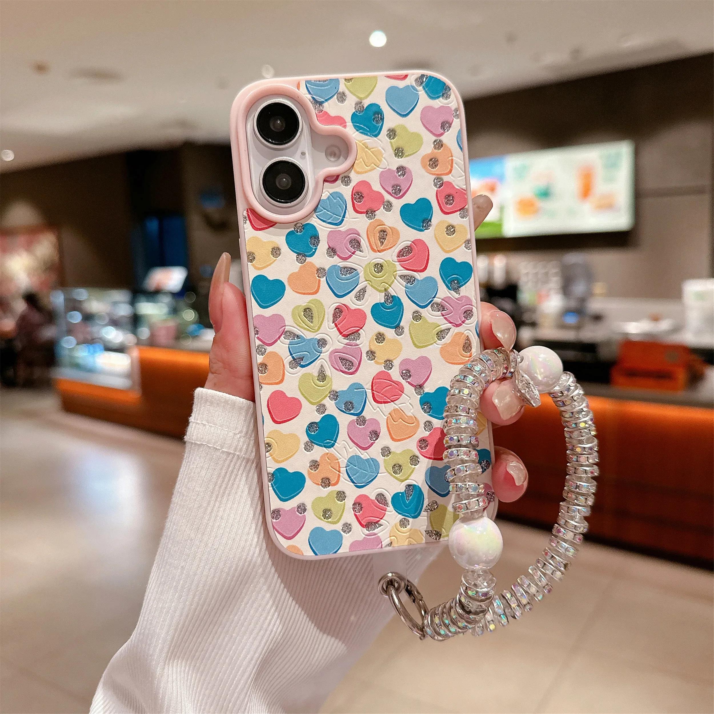 

Милый чехол для iPhone с ремешком на запястье с бриллиантами, разноцветными жемчужными цветами для iPhone 16, 15, 14, Pro, 13, 12, 11, Max Plus, защитный чехол For iPhone 13
