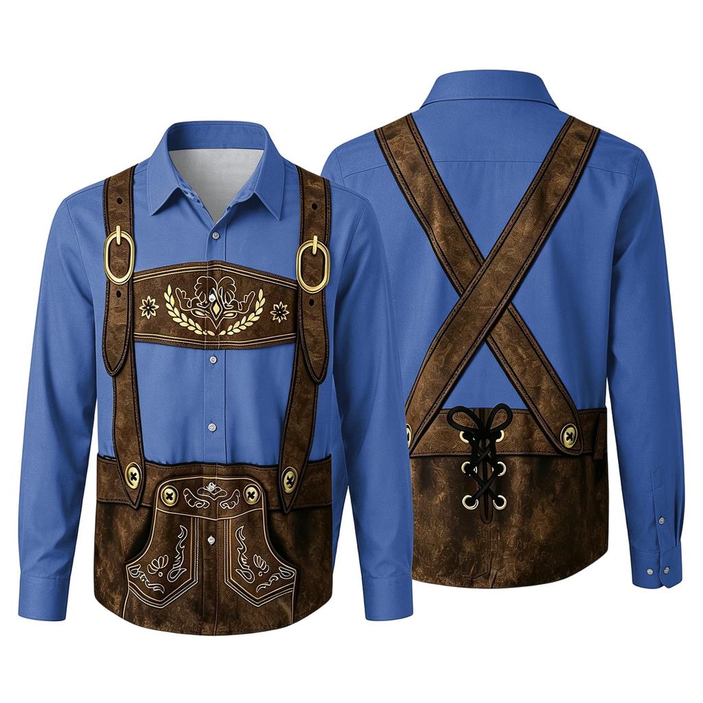 Camicia da uomo per l'Oktoberfest con stampa 3D, vestibilità larga, manica lunga, colletto, casual, stile vintage, traspirante, per lavoro, festival all'aperto, festa