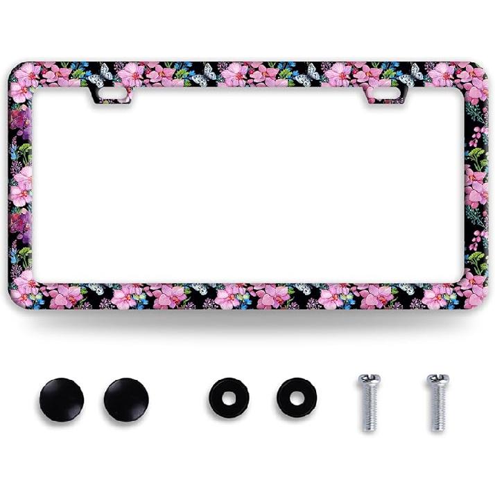 Line Art Flowers License Plate Frame Beautiful Floral License Plate Frames Funny Stainless Steel Accessories Cars Decor With 2 Holes And Screws Fits