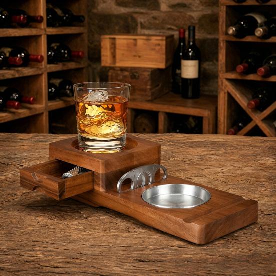 huaqianguhh Wooden Ashtray with Whiskey Glass Holder & Drawer, Natural Wood Ash Tray for Indoor Outdoor, Heat Resistant Holder, Birthday Gifts Men