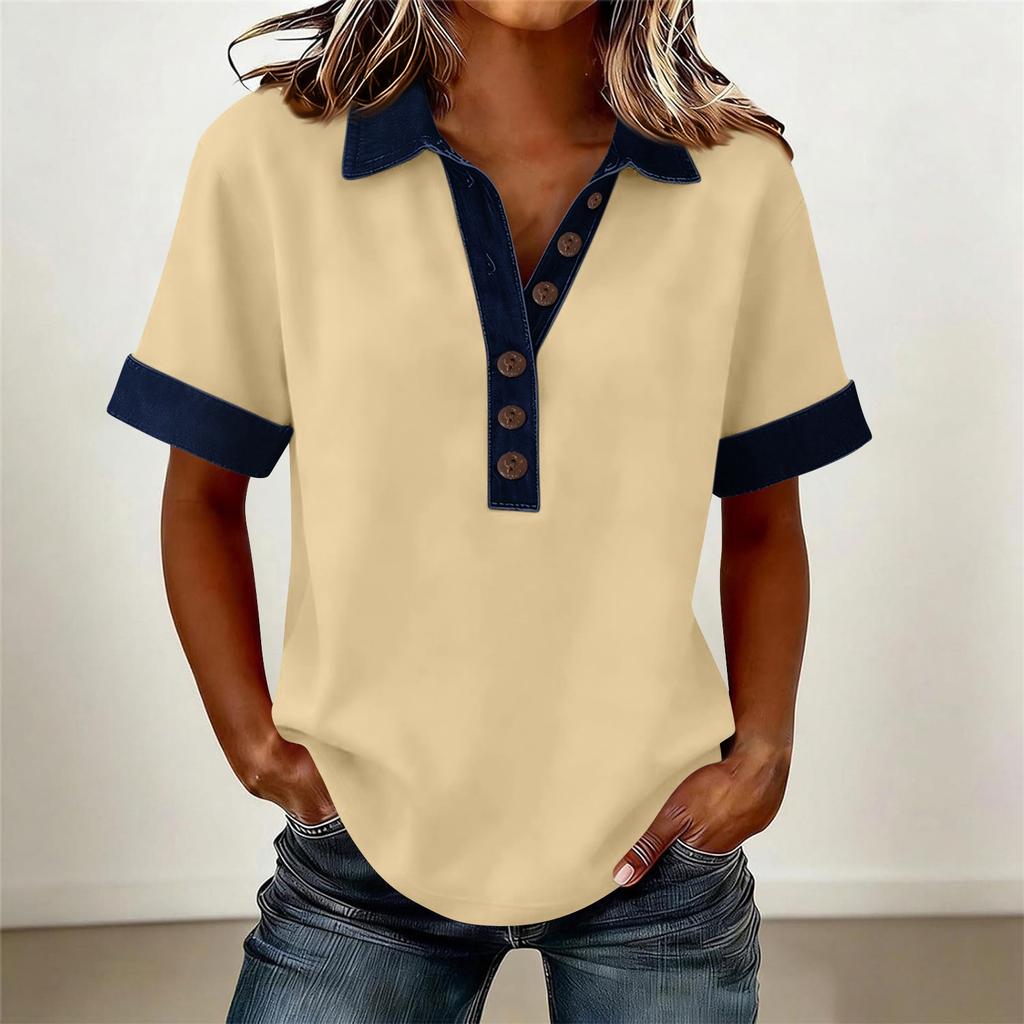 Denim Patchwork Shirts For Women Stand Collar Casual Blouse Short Sleeve Comfy Tshirt Spring Summer Fashion
