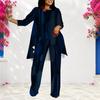 Women Plus Size Dark Blue Printed Round Neck Long Sleeve Layered Top Long Pants Set