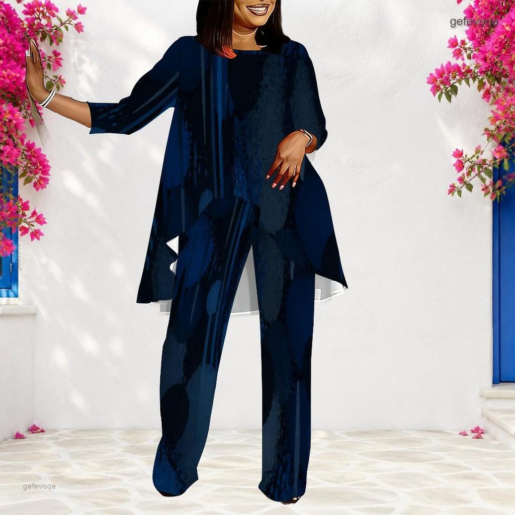 Women Plus Size Dark Blue Printed Round Neck Long Sleeve Layered Top Long Pants Set