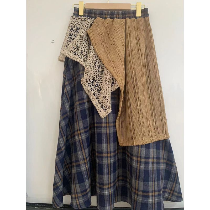 

High Waisted Plaid Lace Patchwork Skirt High Waist Plaid Lace Stitching Skirt Blue One size
