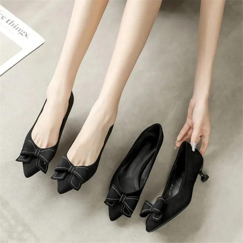 Schwarze Pumps mit spitzer Spitze und Schleife fürs Büro, dünne Absätze, 3 cm, 4,5 cm, 6,5 cm, leicht, verschleißfest, rutschfest, koreanische Designer-Schuhe