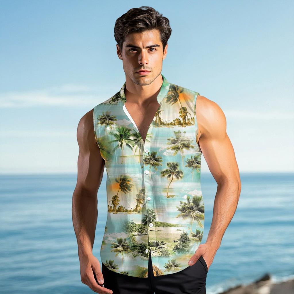Men's Fashion Printed Sleeveless Lapel Button-Down Shirt Vest Top