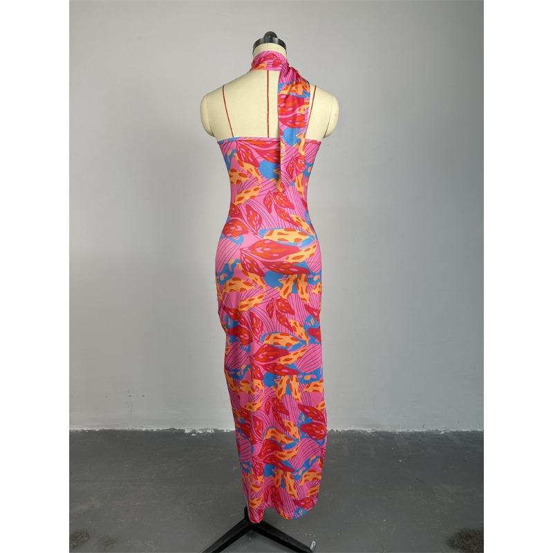 Women's Dress Summer Temperament Sweet Hanging Neck Sleeveless Printed Slim Mid-length Dresses