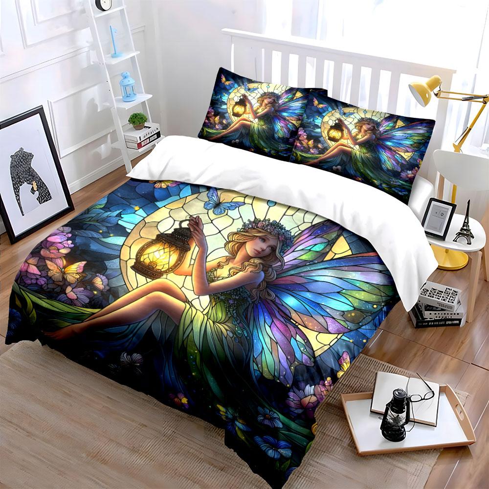 "Fairy-Inspired Stained Glass Set" kid's and adults' bedroom decor, Exquisite three-piece bedding set gift