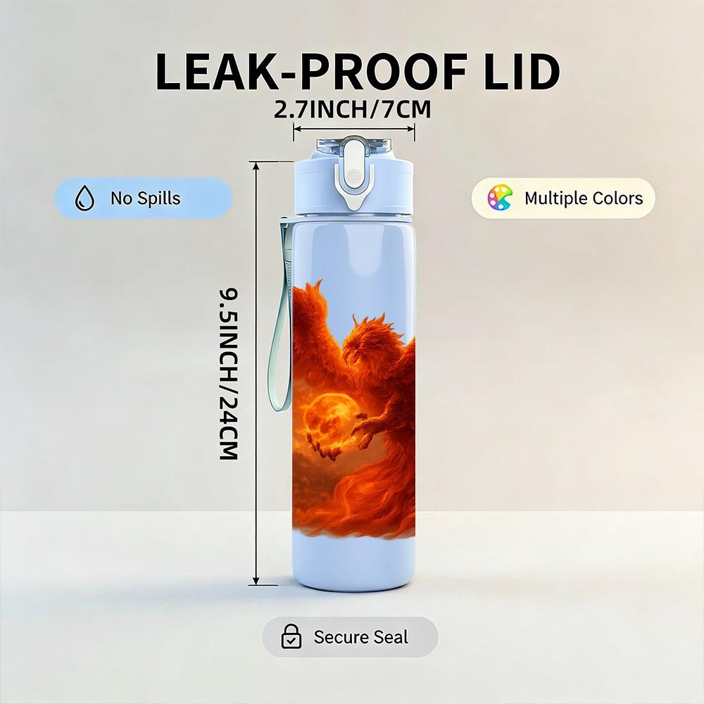 1PC Orange Red Phoenix Bird Wing Print 750ml Color Plastic Sports Water Bottle Leakproof Flip Straw Lid Suitable for Sports Office Home Use
