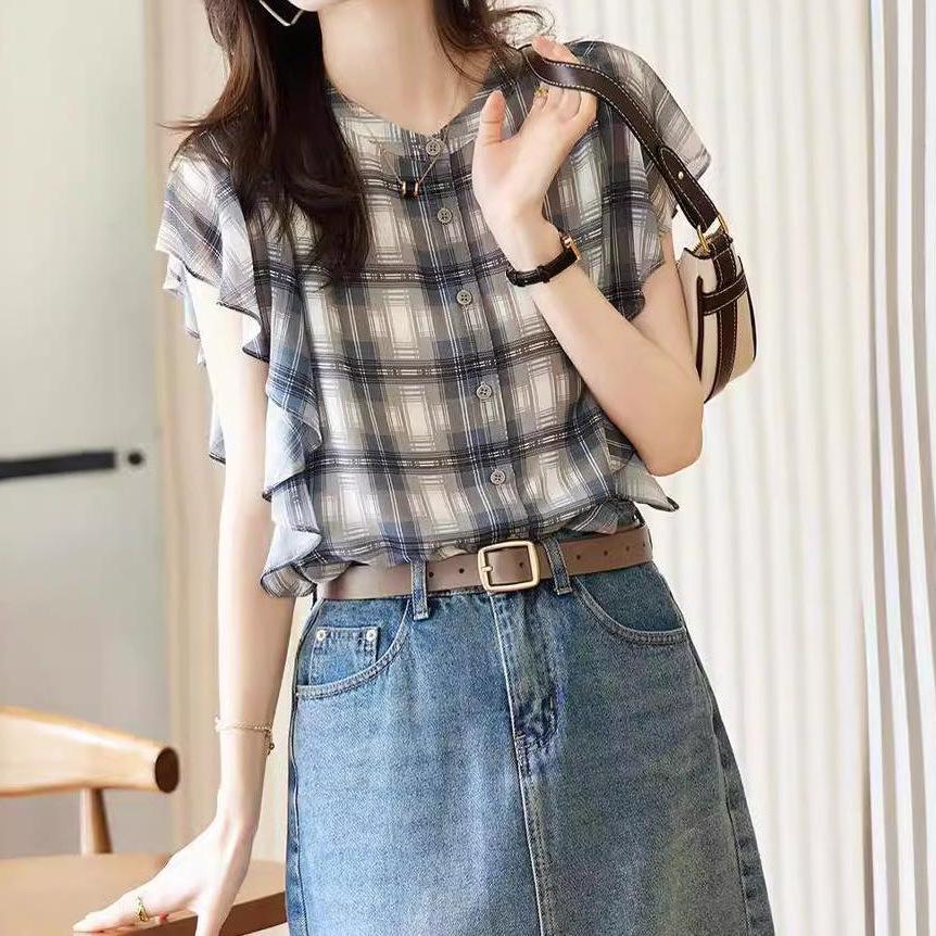 Women's Ruffled Chiffon Polka Dot Design Niche Shirt Sweet French Chic Top Women's Plaid