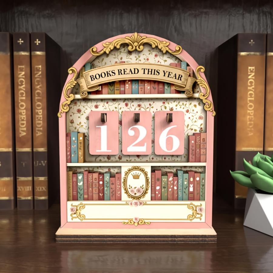 1 Set Holz-Vintage-Buch-Lese-Tracker, Dieser Jahres-Lese-Tracker kann bis zu 999 Bücher verfolgen, Lese- und Bücherregal-Zähler für dieses Jahr