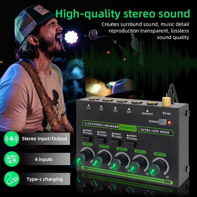 Low Noise 4 Channel Line Mixer for Mixing 4 Stereo Channel LED Mixer Adapter for Microphones Guitars Keyboards