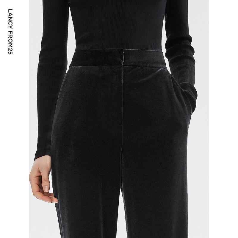 Langzi Black Velvet High-Waist Straight-Leg Pants