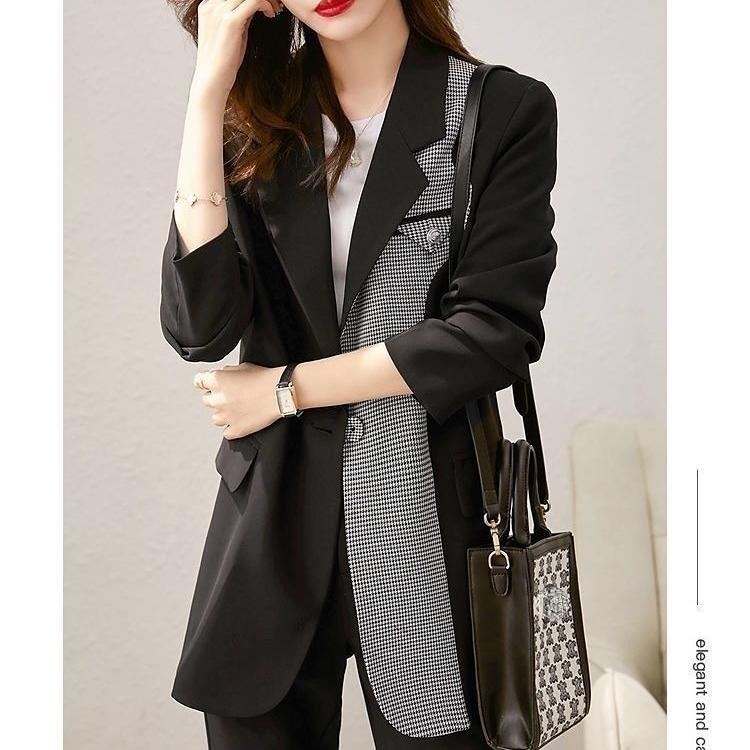 Autumn Contrast Leisure Blazers for Women Plaid Blazer Splicing Office Lady Notched Coats Plus Size 4xl