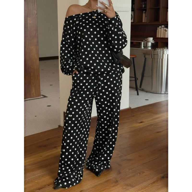Womens Polka Dot Print Off Shoulder Long Sleeve Loose Casual Two Piece Sweatshirt Pant Set