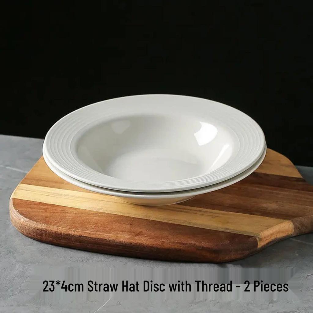 White Ceramic Straw Hat Pasta & Salad Plate – Elegant, High-End Tableware for Western Cuisine.
