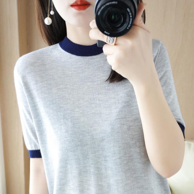 

Women s Short-Sleeve Summer Sweater - 2022 Korean Style, Color Block Round Neck Top, Versatile & Chic Medium