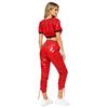 Completo Crop Top Lucido Impermeabile e Pantaloni Capri da Donna Manica Corta Vita Elastica Coulisse sui Lati delle Gambe per Allenamento Festa