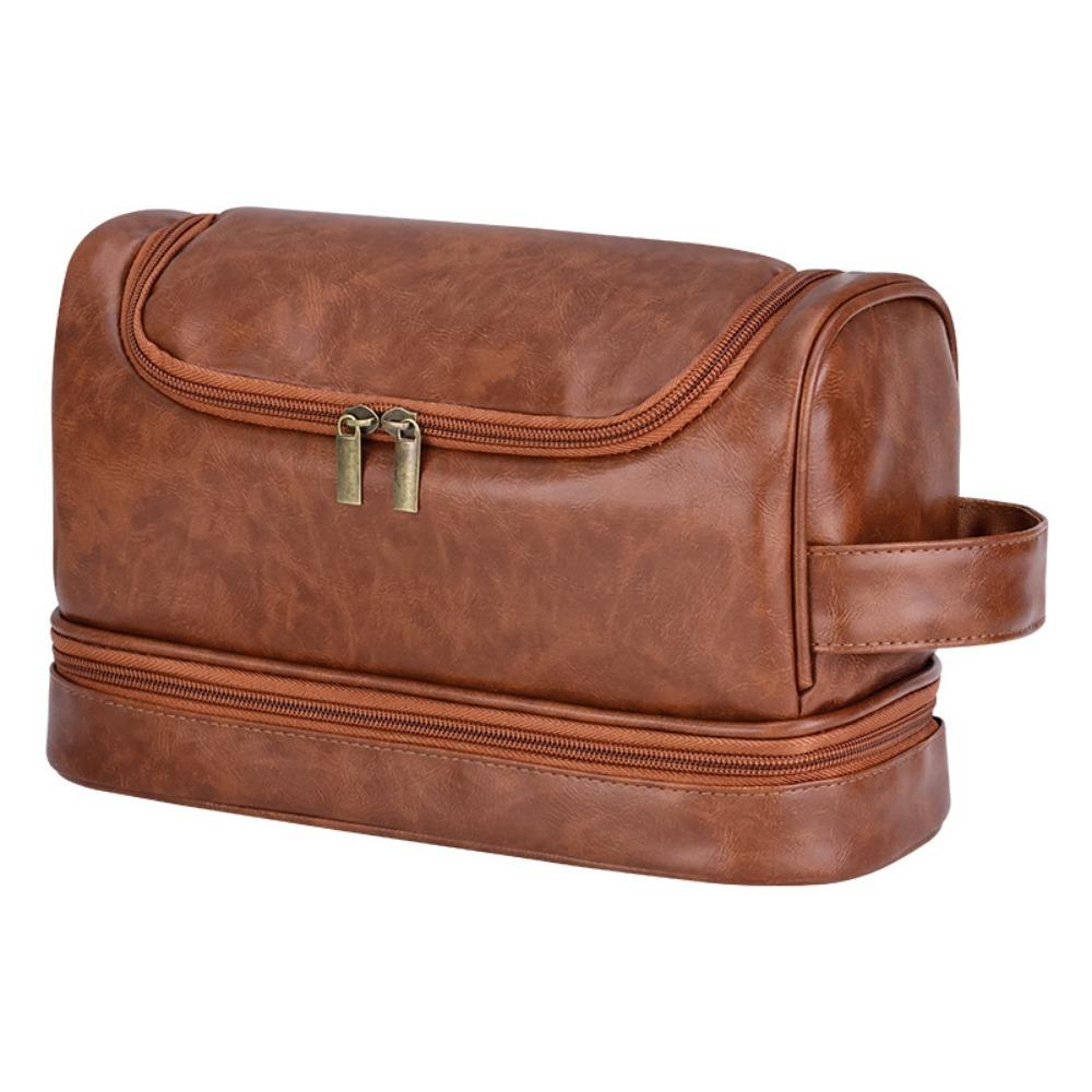 

Durable Large Capacity Men Toiletry Bag PU Leather Double layered Makeup Bag Handheld Waterproof Makeup Pouch Business коричневый