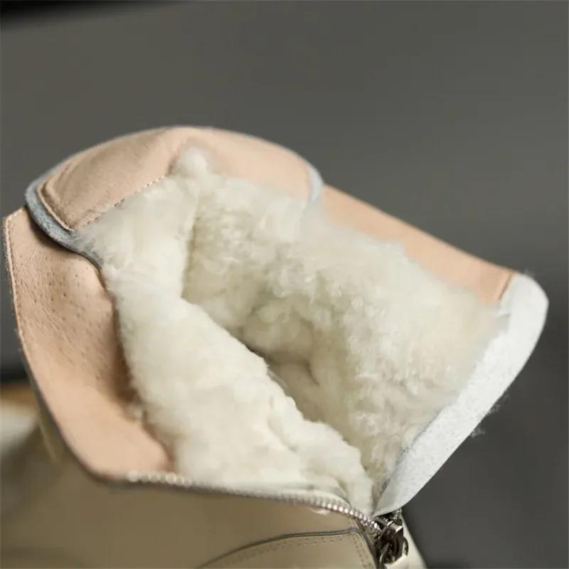 Fashion NEW Winter Women Boots Patent Leather Shoes for Women Round Toe Chunky Heel Shoes Wool Warm Snow Boots Platform Motorcycle Boots