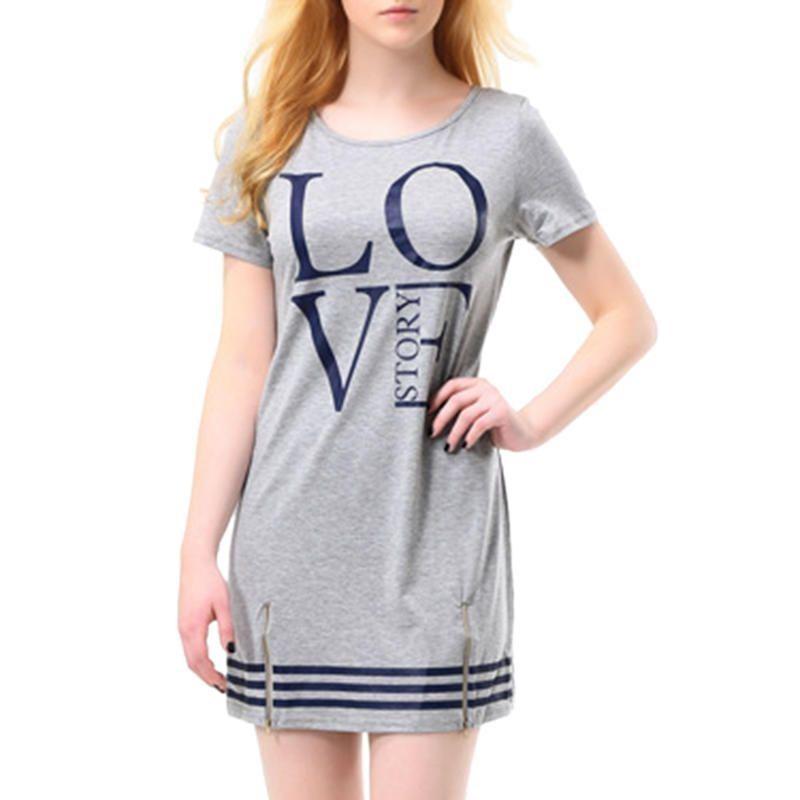 Elegant Sports Women Letter Love Printed Long T-shirt One-piece Casual Dress Zipper