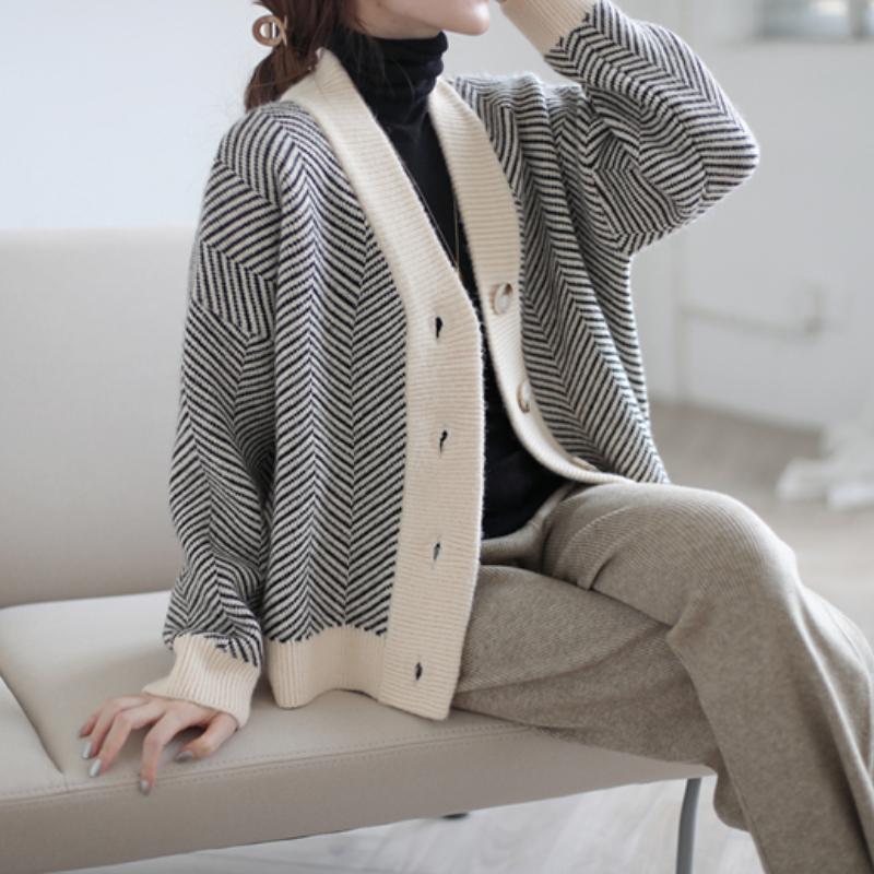 Chic Retro Knitted Cardigan Women's Sweater Striped Long Sleeve Loose Women Sweaters Jacket Outerwear Lazy Style Elegant Button Knitwear Coats 25453