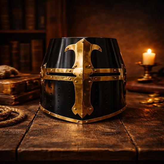 Templar Knight Helmet Medieval Crusader Brass Armor Helmet with Black Finish, Collectible Decor Gift
