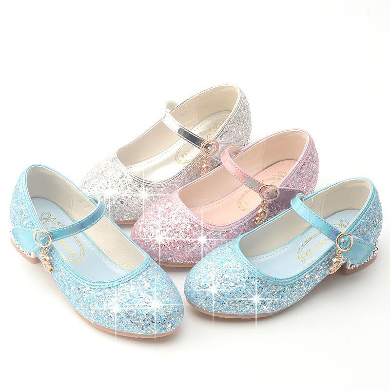 Spring girls' leather shoes with sequins and rhinestones, princess crystal shoes, children's single shoes, little girls' silver performance leather