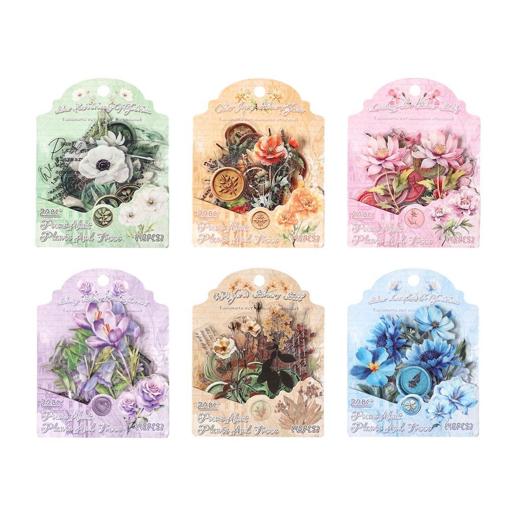 ZABC PET Sticker Pack - Herb Poetry Series: 40 Floral Theme Sheets, 6 Styles