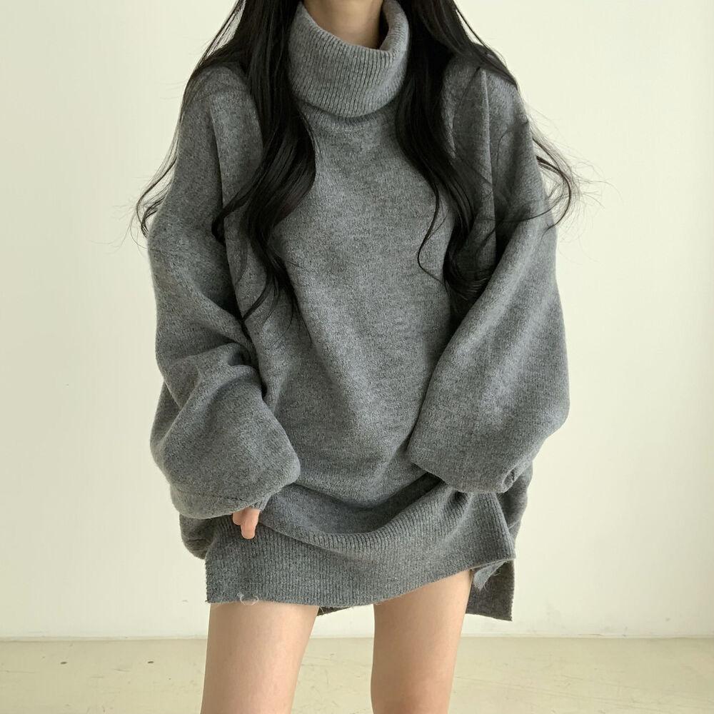 Korejský pletený pulovr s rolákem, pletený svetr pro ženy, nadměrný dlouhý pulovr, dámský volný ležérní teplý svetr