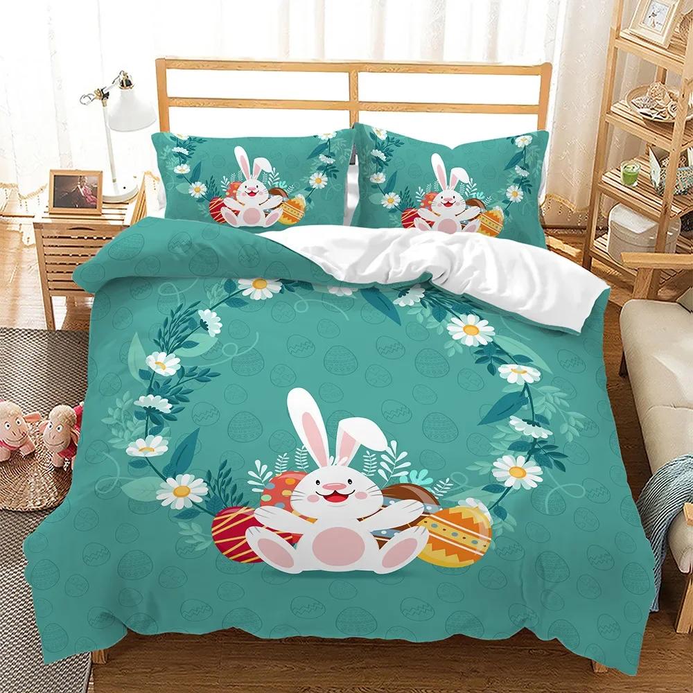 Easter Duvet Cover Set Queen King Size Colorful Easter Egg Bunny Themed Bedding Set Kids Boys Girls Room Decor 3 Pcs Super Soft