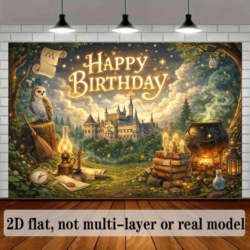 2D Flat Banner - Magic Birthday Theme Background Fabric with "Happy Birthday" Displayed In the Center of the Picture.