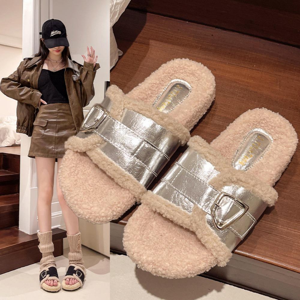 Fashion Autumn Winter Big Size Casual Cotton Slippers for Women Fashion Casual Korean Solid Color Buckle Fluffy Slipper Shoes Ladies
