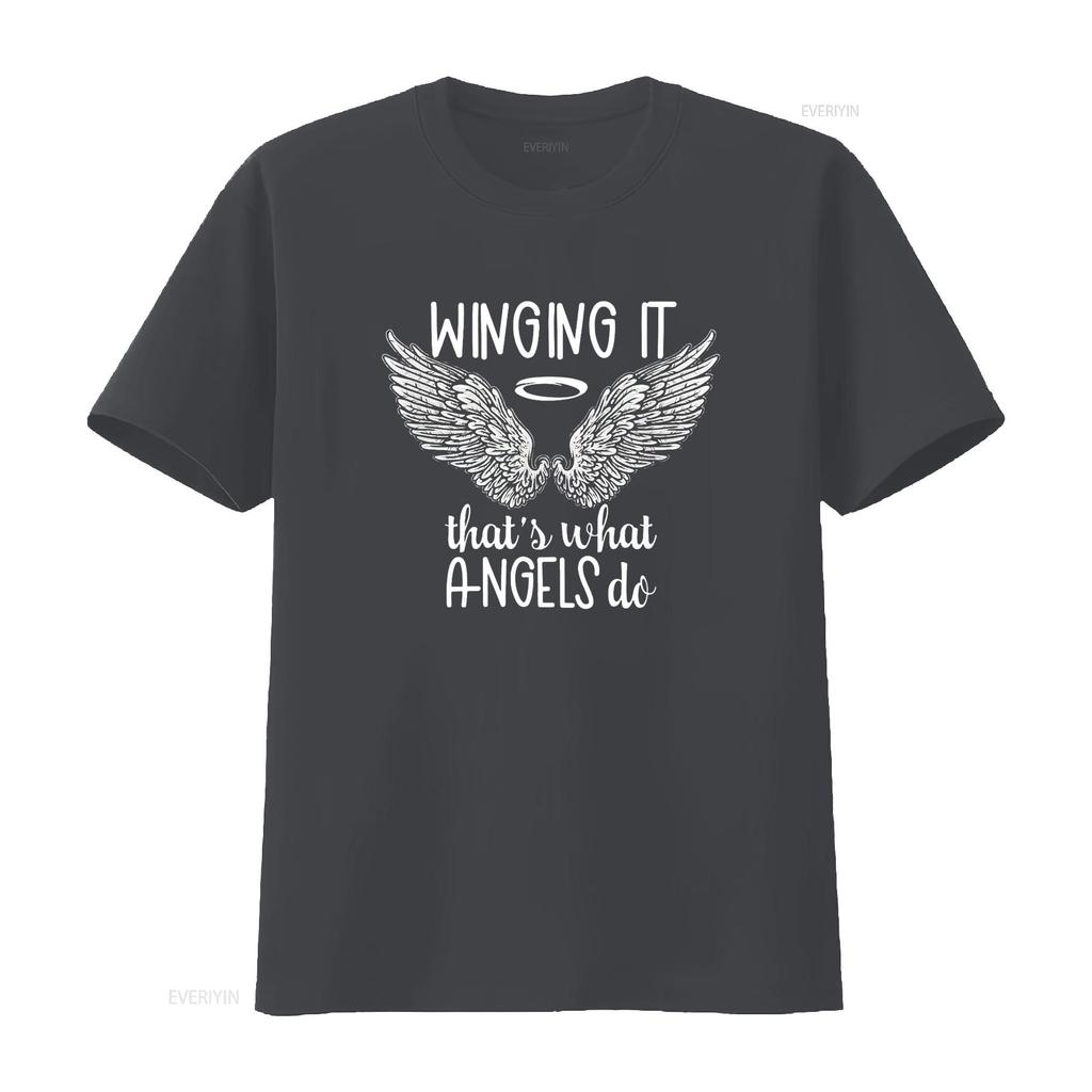 Womens Angel Wings Winging It Thats What Angels Do Spiritual Quote T Shirt Black Vintage Washed Slightly Homme Stretched