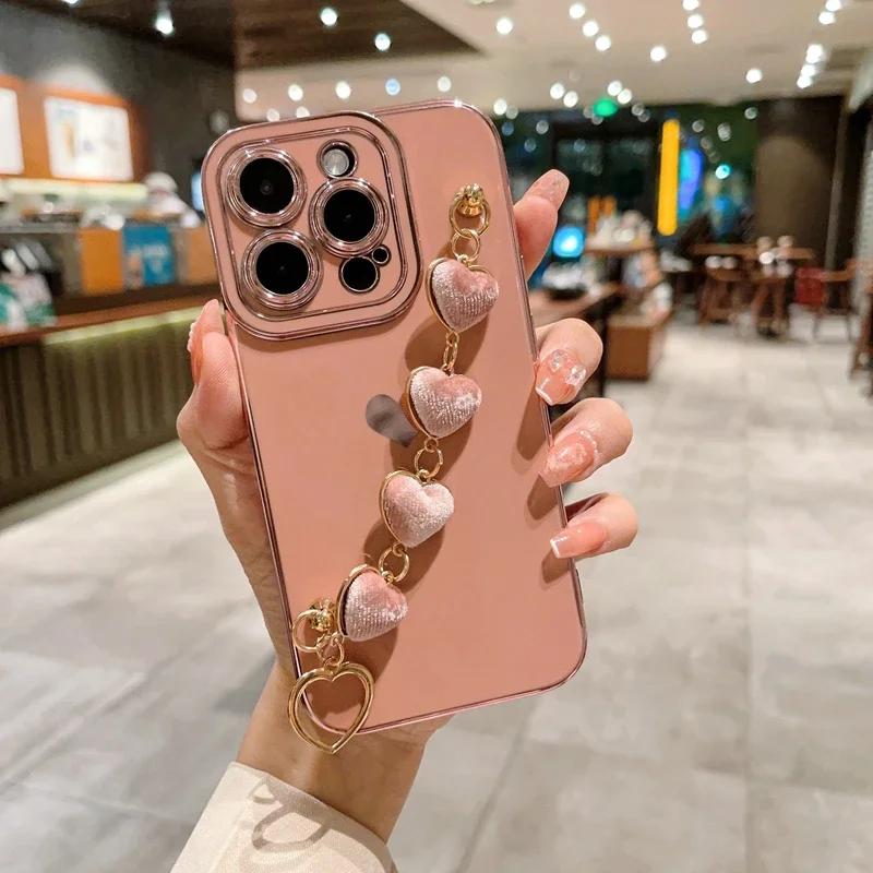 Luxury Soft Love Heart Bracelet Phone Case For iPhone 11 12 13 14 15 Pro Max XS X XR 7 8 Plus SE 2020 2022 Lint Bumper Cover