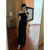 Pure Desire Imperial Sister Wears a Black One-word Neck Dress, Women's Summer Temperament, Slim and Thin, Waist Pinch, Hip Wrap Long Skirt