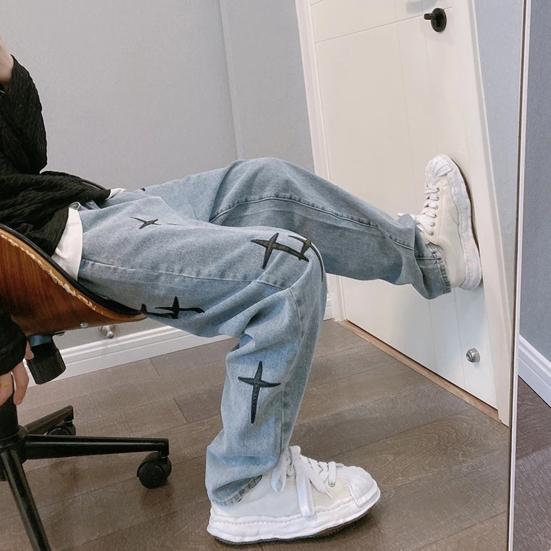Spring Autumn Denim Pants Star Pattern Solid Color Zipper Fly Wide Leg Loose Jeans Streetwear
