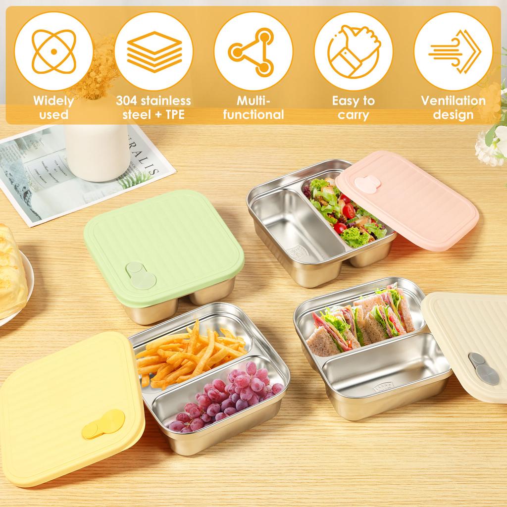 304 Stainless Steel Lunch Box 4/3 Pcs Portable Fruit Salad Food Container with Lid Stackable Leak Proof Bento Boxes for Students