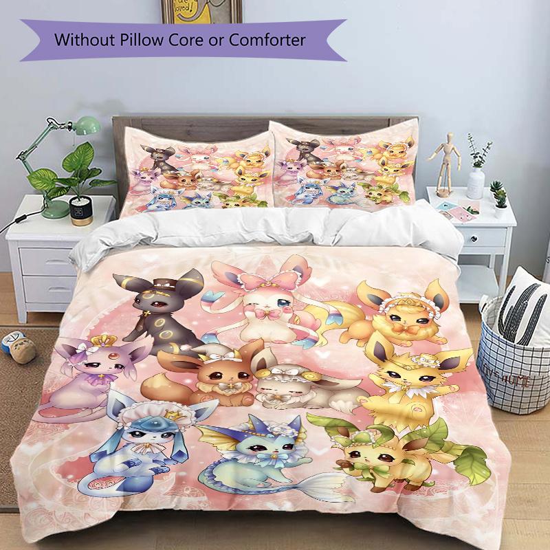 3pcs Enchanted Eeveelutions Bedding Set - 1 Soft Quilt Cover + 2 Pillowcases, Machine Washable - Suitable for All Seasons, Perfect Gift for