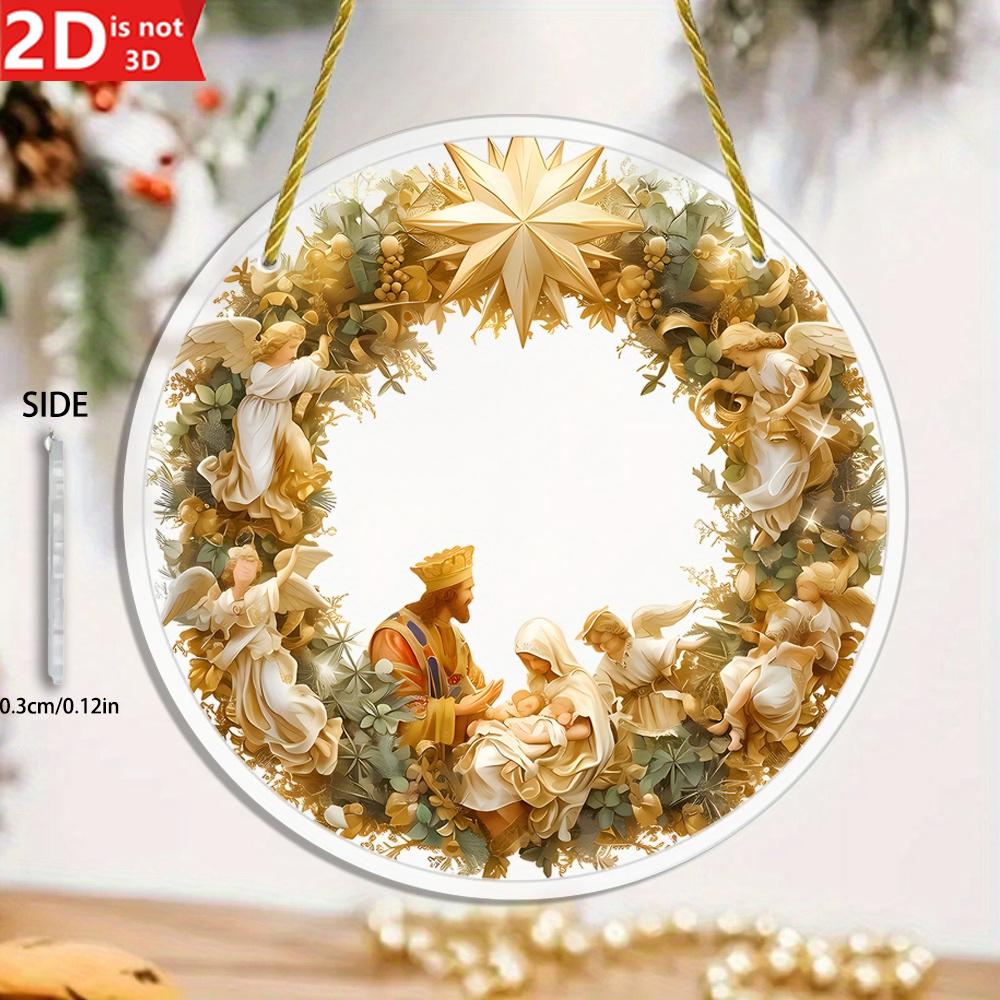 2D Nativity Scene Hanging Ornament. Transparent Circular Pendant for Home, Garden & Window Decor.