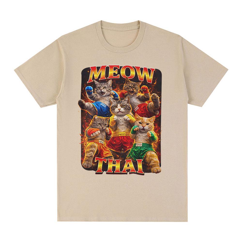 Meow Thai T-Shirt Muay Thai Katze Meme Ironisch Kampfsport Katze T-Shirts Herren Damen Sommer Mode Kurzarm Baumwolle T-Shirts
