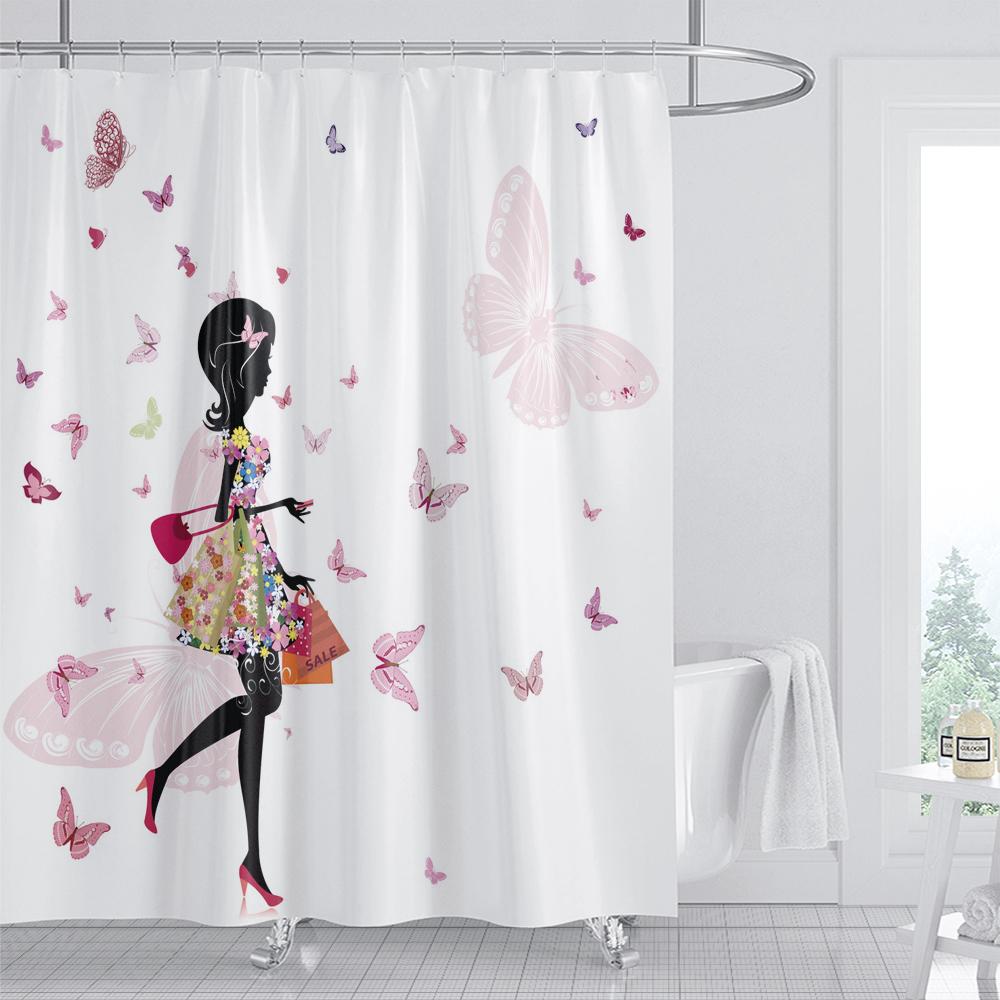 Beautiful Flower Butterfly Girl Shower Curtain Waterproof Shower Curtain Bathroom Partition Curtain Bathroom Decor Accessories
