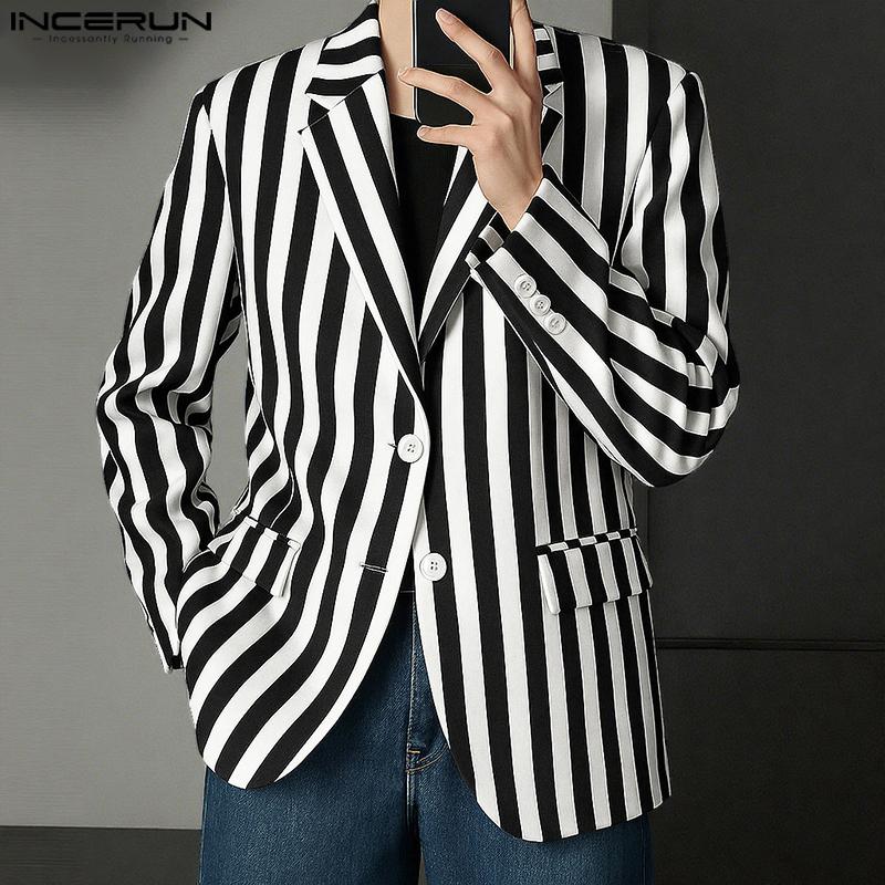 INCERUN Oversized Men Lapel Neck Long Sleeve Striped Print Casual Thin Blazer Suit Coats