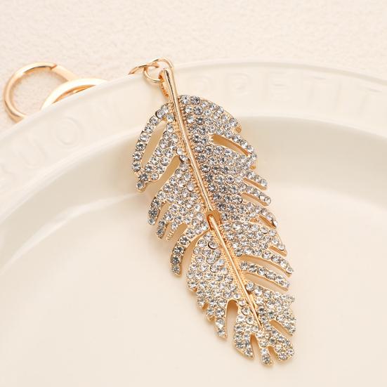 Keychain Pendant Rhinestones Inlaid Feather Shape Key Chain with Anti-Oxidation Lobster Clasp Backpack Bag Accessory