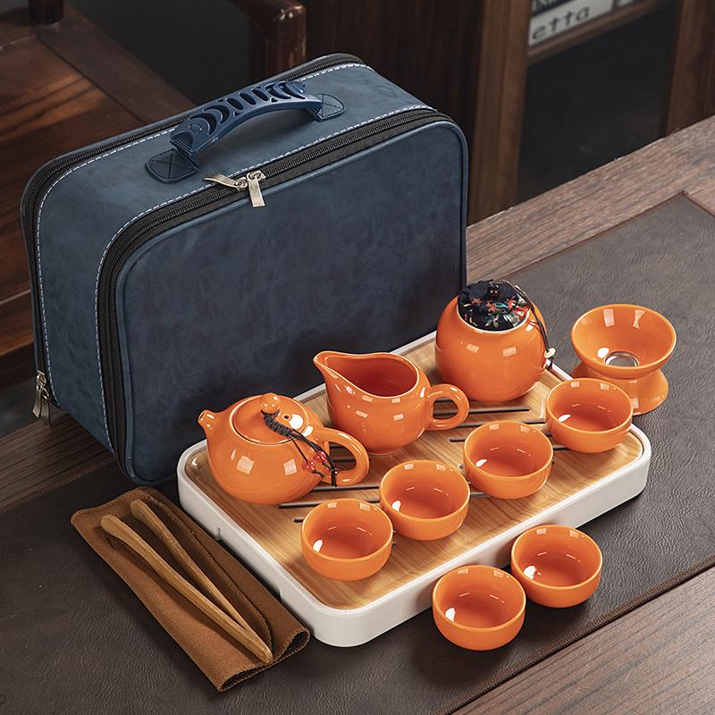 Travel ceramic Kung Fu tea set, tea tray, a full set of portable storage bags, practical business gifts for customers