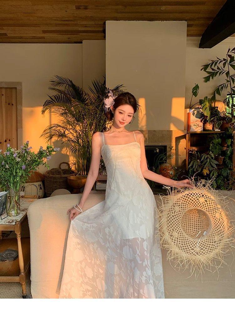 Женское зеленое сетчатое платье на тонких бретельках 2025: Элегантное длинное летнее платье с акцентом на талии Small белый