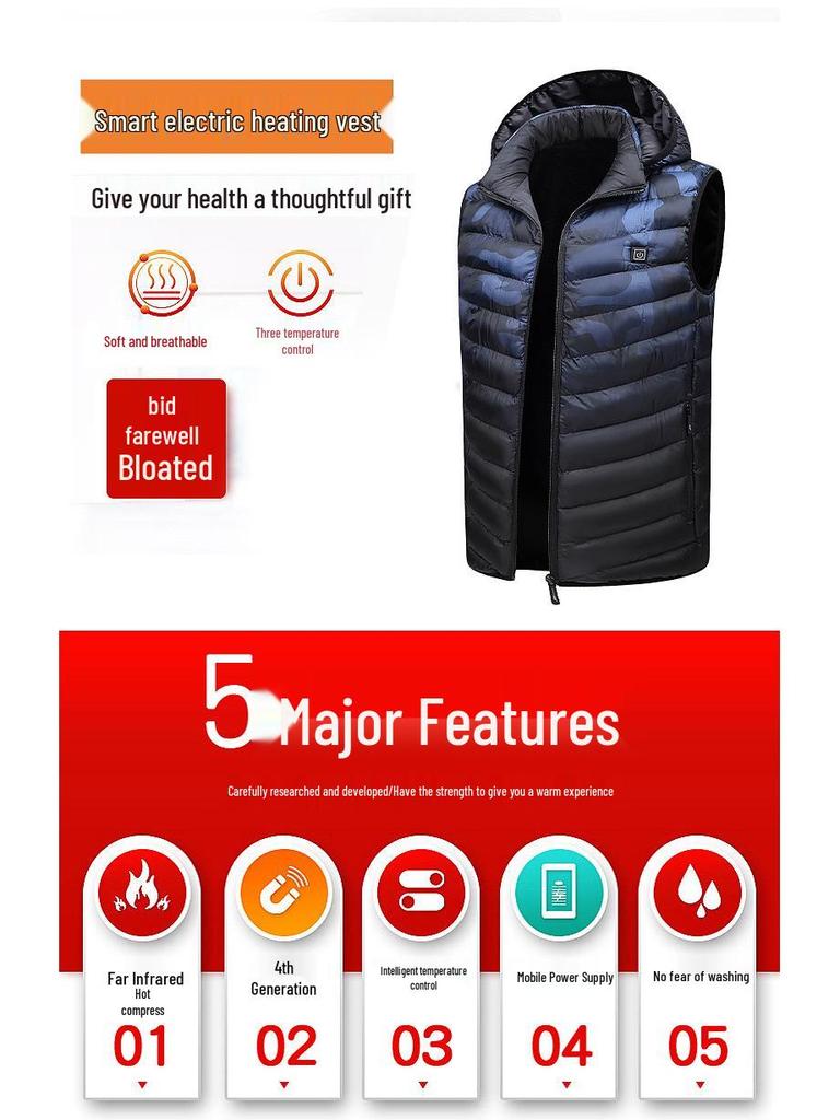 Pánská zimní vesta s kapucí a vyhříváním - Elektrická, Teplá, Bavlna, Plus Samet