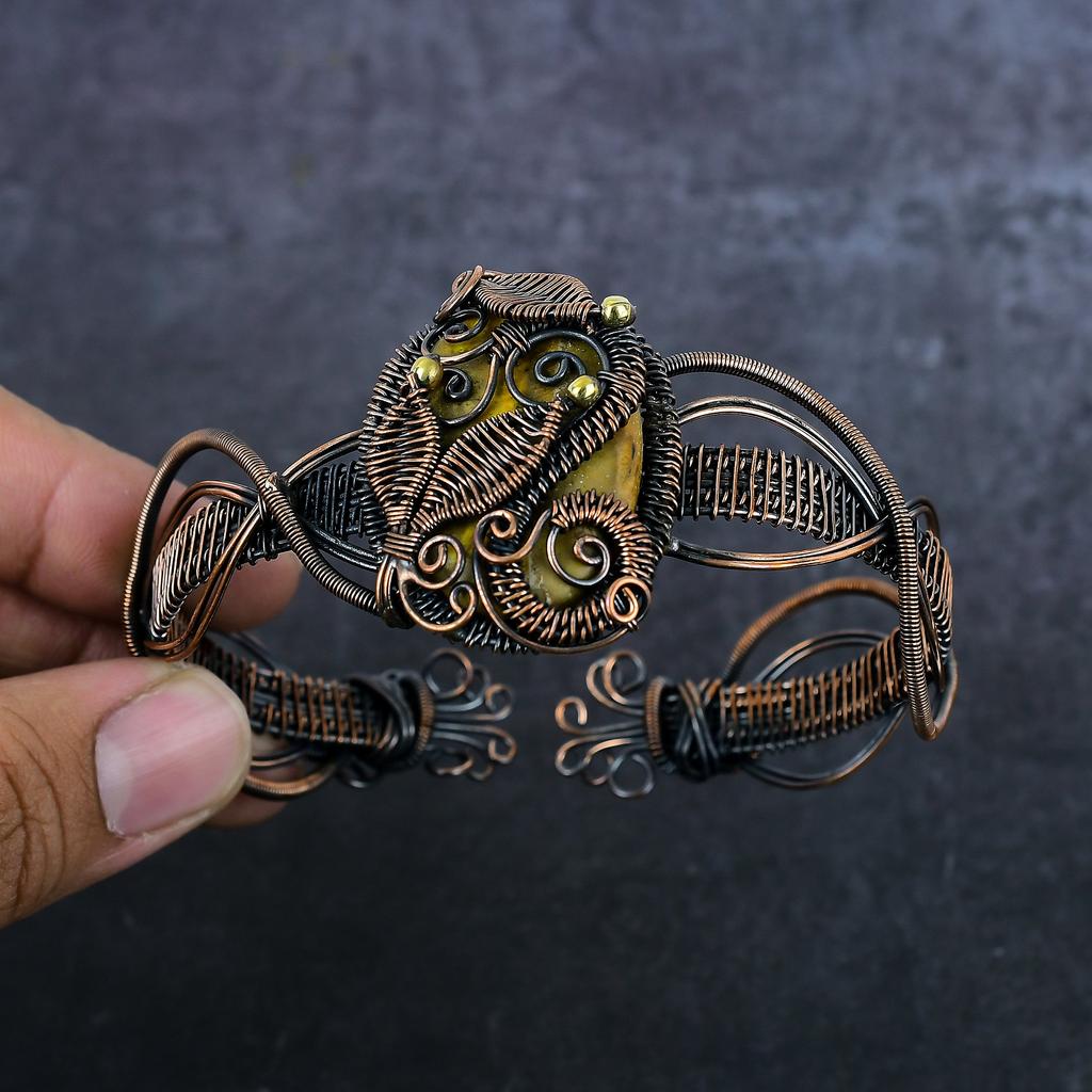 Bumble Bee Jasper Handmade 925 Sterling Silver Cuff Bangle Adjustable j2P07